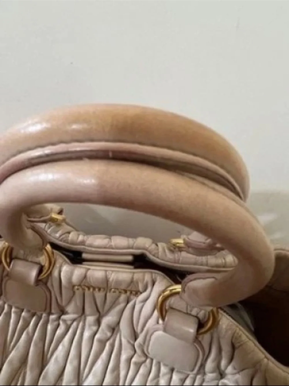 Miu Miu Cream Quilted Ruched Leather Tote with Gold Hardware